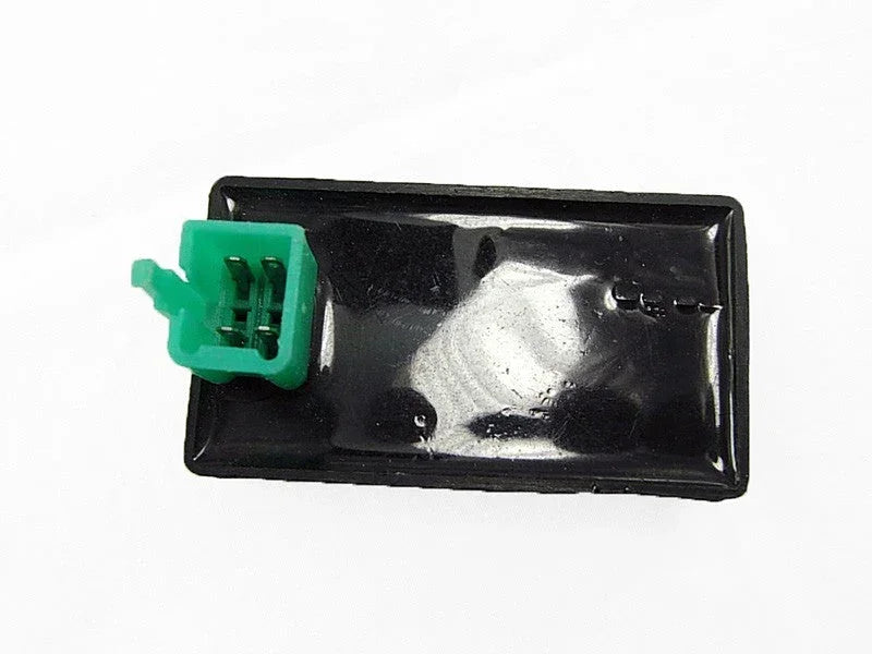 ChinesePartsUSA 4-pin DC CDI rev box for Chinese dirt bikes and pit bikes with E-22 motor, showing prongs and wiring connections.