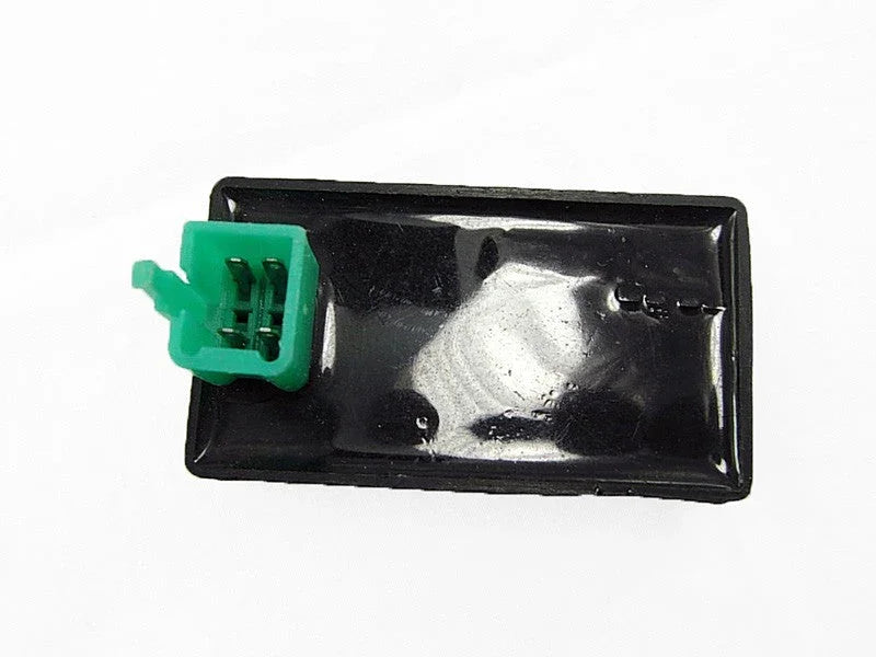 ChinesePartsUSA 4-pin DC CDI rev box for Chinese dirt bikes and pit bikes with E-22 motor, showing prongs and wiring connections.
