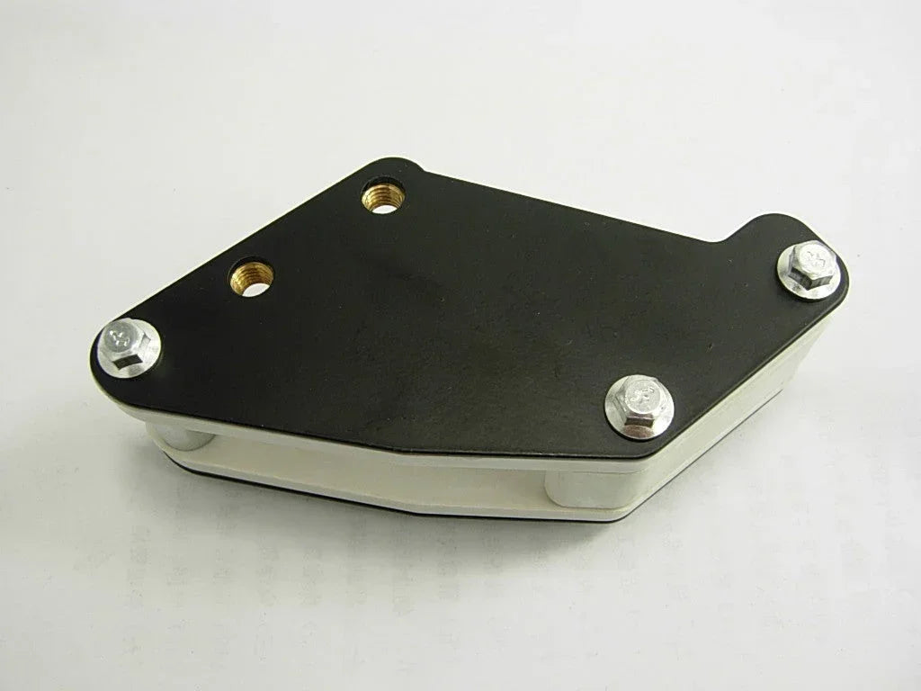 Alloy dirt bike chain guide for 420 and 428 chains, black with silver bolts on white background