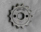 15-tooth 420-SD metal sprocket gear with center hole and side bolt holes on gray background