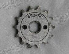 15-tooth 420-SD metal sprocket gear with center hole and side bolt holes on gray background
