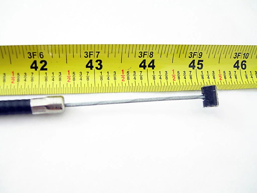 A close-up of a tape measure showing 42–46 inches with the ChinesePartsUSA 45'' Clutch Cable for 50cc-150cc Dirt Bikes laid across it on a white background.