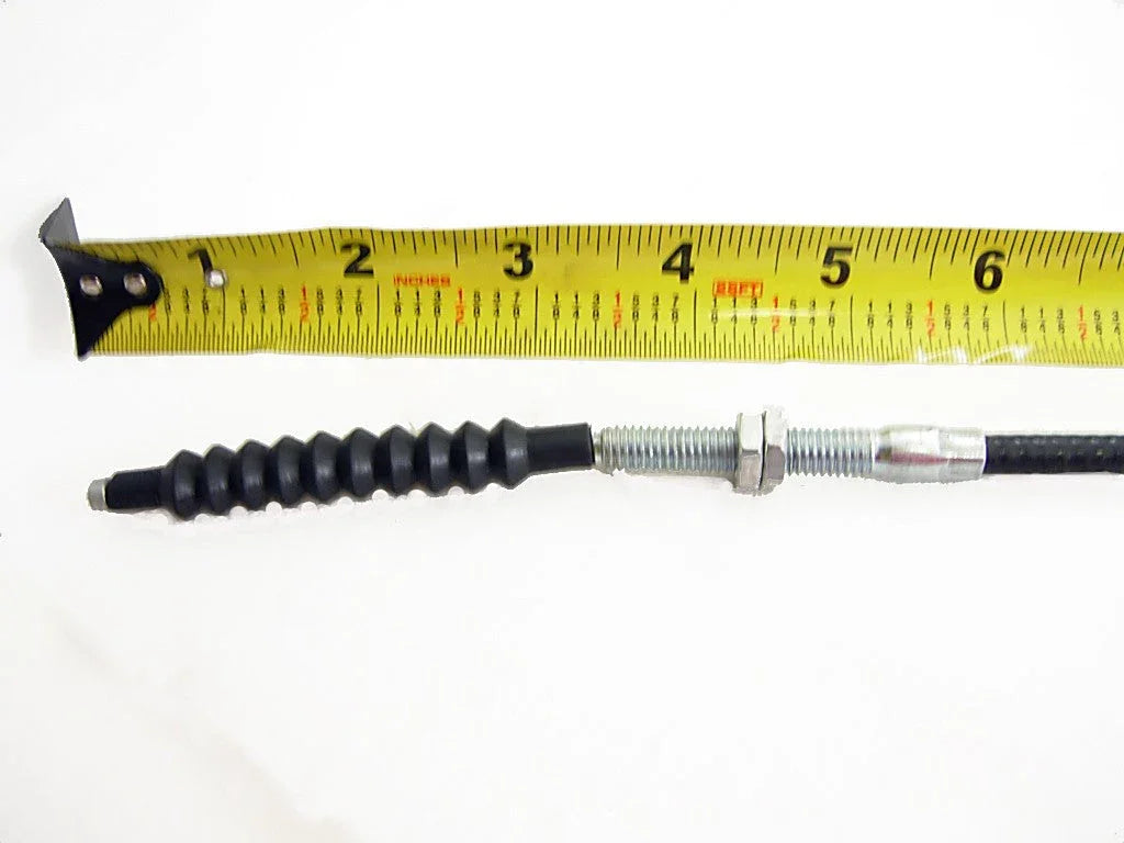 The ChinesePartsUSA 45'' Clutch Cable for 50cc–150cc dirt bikes is shown below a yellow measuring tape (1–8 inches) on a white background, featuring metal, threaded, and rubber parts—ideal for your ATV or dirt bike.