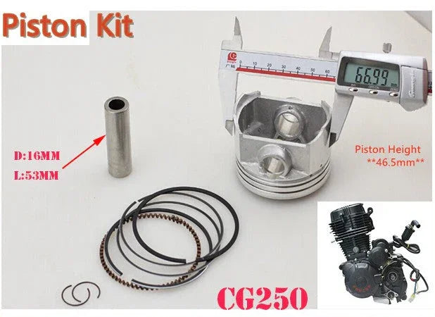 67mm piston set for CG250 250cc dirt bike engine from ChinesePartsUSA, showing metal pistons and related parts.