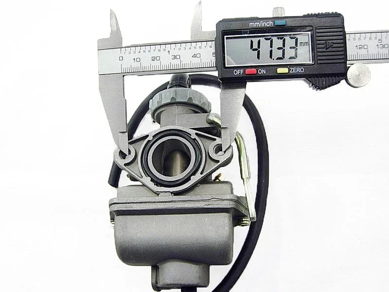 PZ20 carburetor with metal choke for 110cc dirt bike, measured with digital caliper