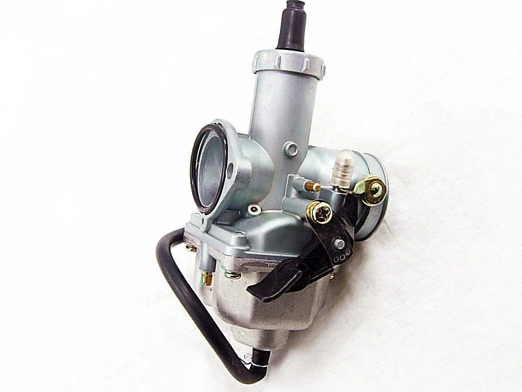 Silver carburetor for motorcycle, ATV, or go-kart with black hose and adjustment screws