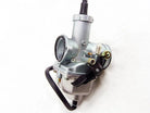 Silver carburetor for motorcycle, ATV, or go-kart with black hose and adjustment screws