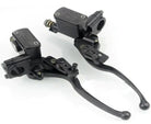 Black motorcycle brake levers with master cylinders for ATVs, dirt bikes, or scooters