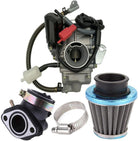 150cc GY6 4-stroke carburetor with electric choke, air filter, and intake manifold for motorcycle and scooter engines.