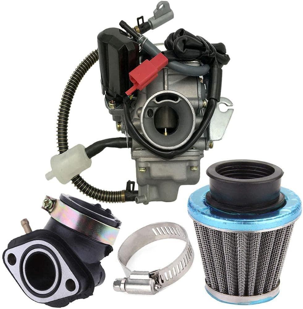150cc GY6 4-stroke carburetor with electric choke, air filter, and intake manifold for motorcycle and scooter engines.