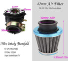 150cc GY6 4-stroke carburetor with electric choke, air filter, and intake manifold for motorcycle and scooter engines.