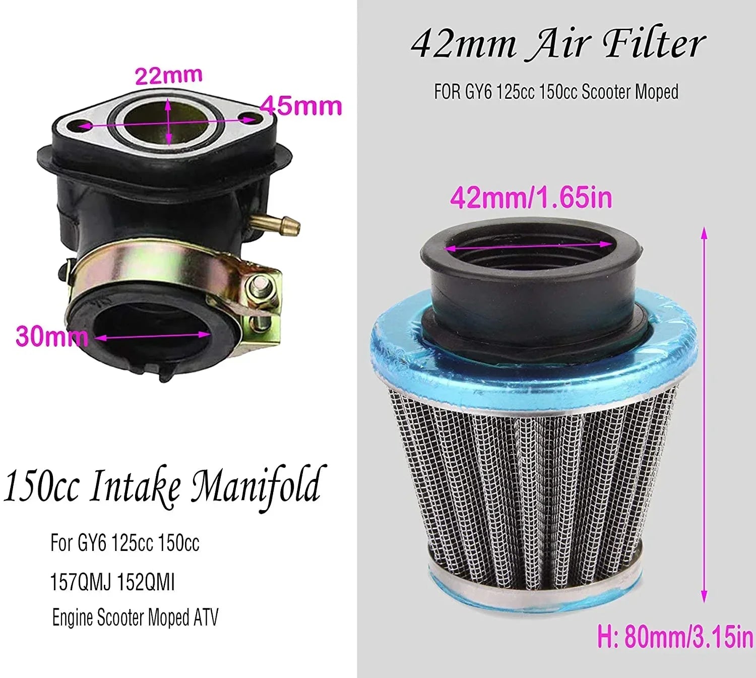 150cc GY6 4-stroke carburetor with electric choke, air filter, and intake manifold for motorcycle and scooter engines.