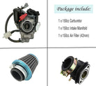 150cc GY6 4-stroke carburetor with air filter and intake manifold for motorcycle and scooter engines, electric choke included.
