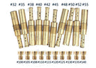 The ChinesePartsUSA 10-piece Carburetor Main Jet & Slow/Pilot Jet Set fits 150cc/125cc GY6 carburetors and PWK, Keihin, OKO, KOSO, and CVK models; jets are labeled by size and neatly arranged in two rows.