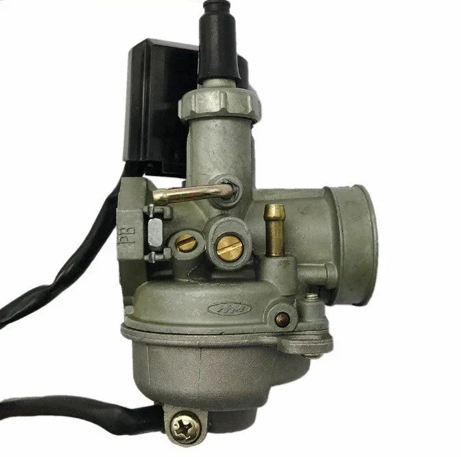 Close-up of a motorcycle carburetor with metal and brass components and attached wiring