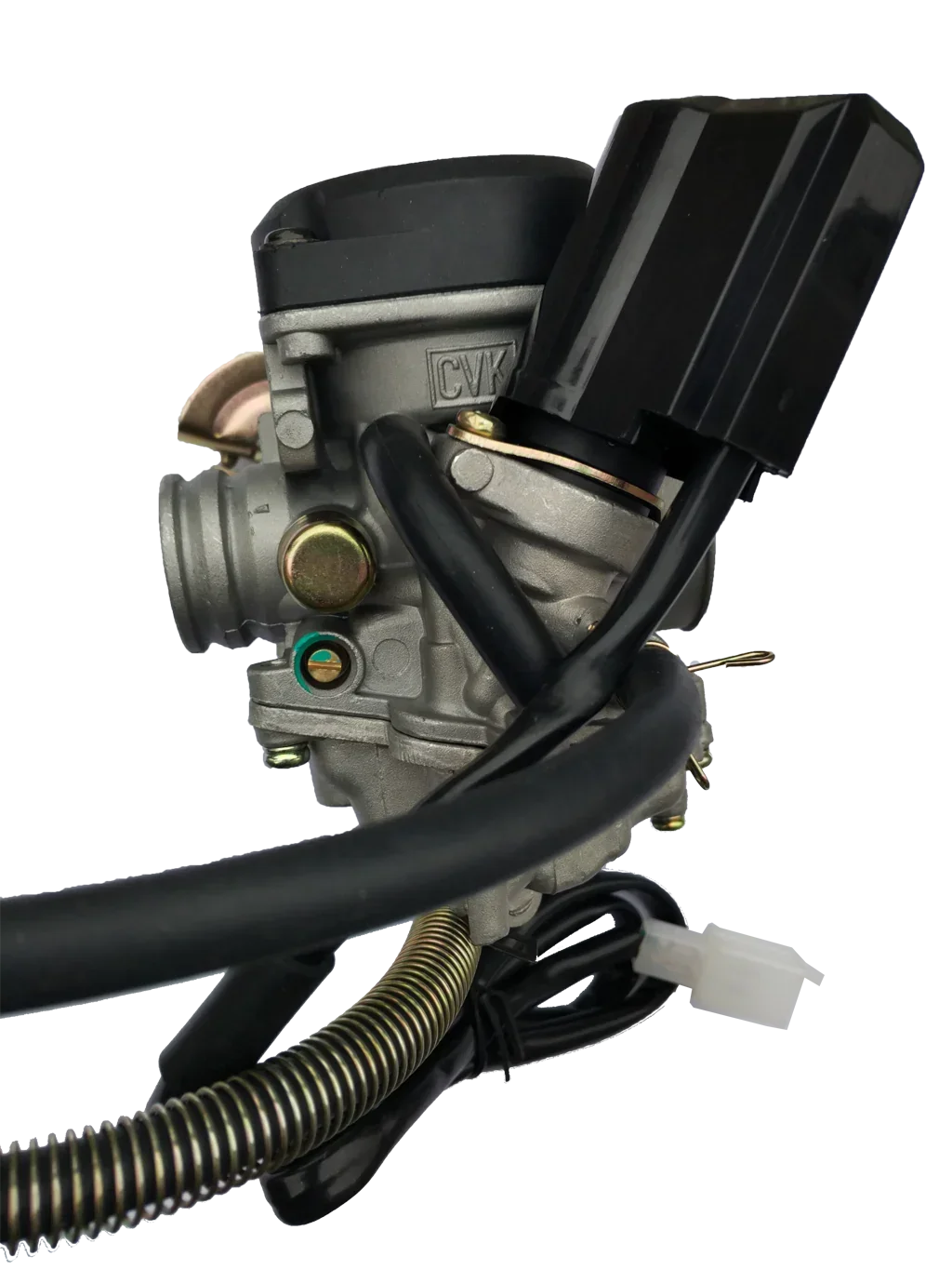 Close-up of CVK motorcycle carburetor with black hoses and metal spring coil