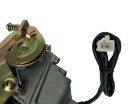 Motorcycle carburetor with throttle assembly and attached black electrical wire with white connector