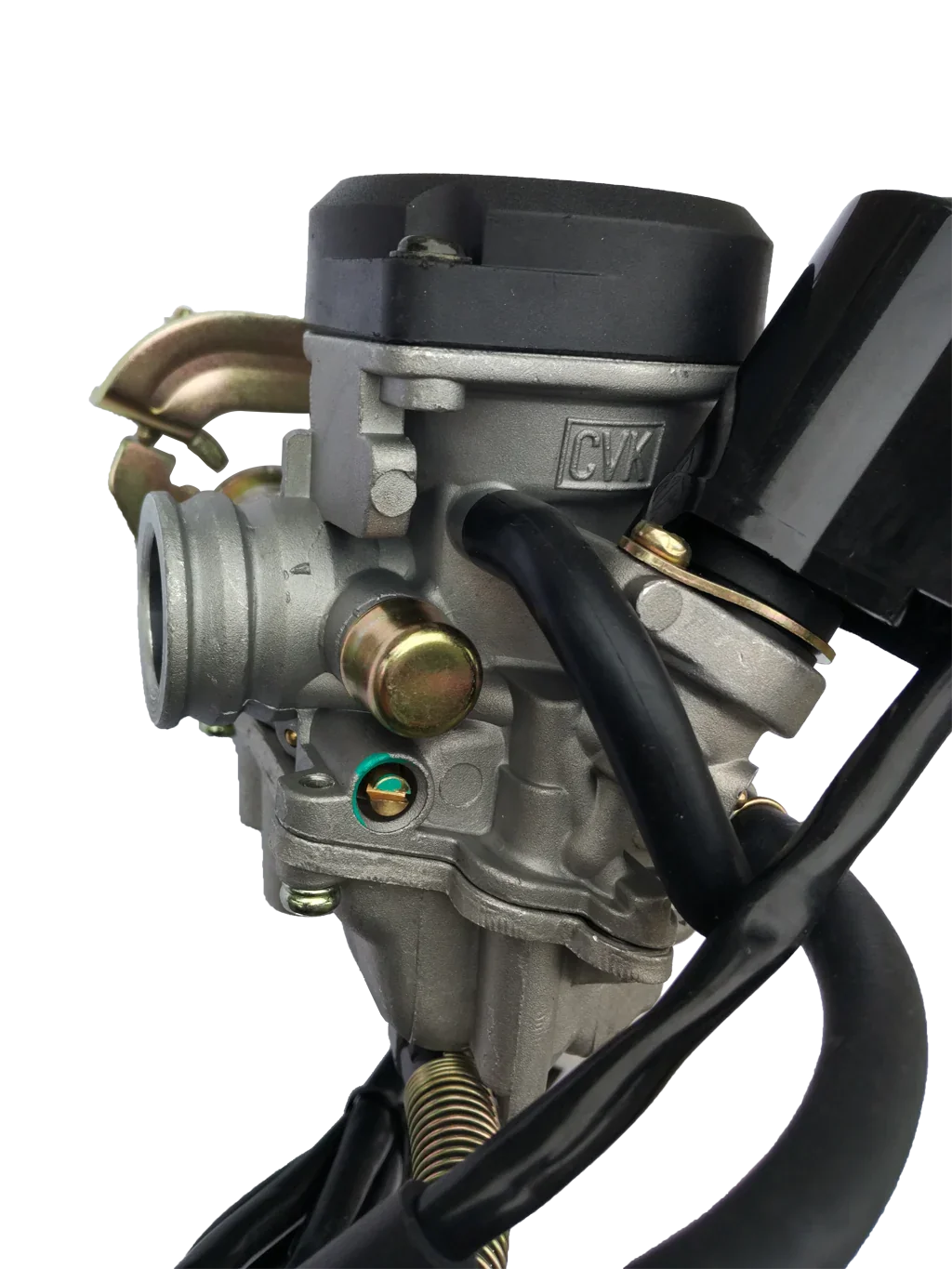 Close-up of a CVK motorcycle carburetor with metal body, black hoses, and mounting clamps