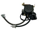 Keihin carburetor with black cover and connected fuel and throttle cables for motorcycle engine
