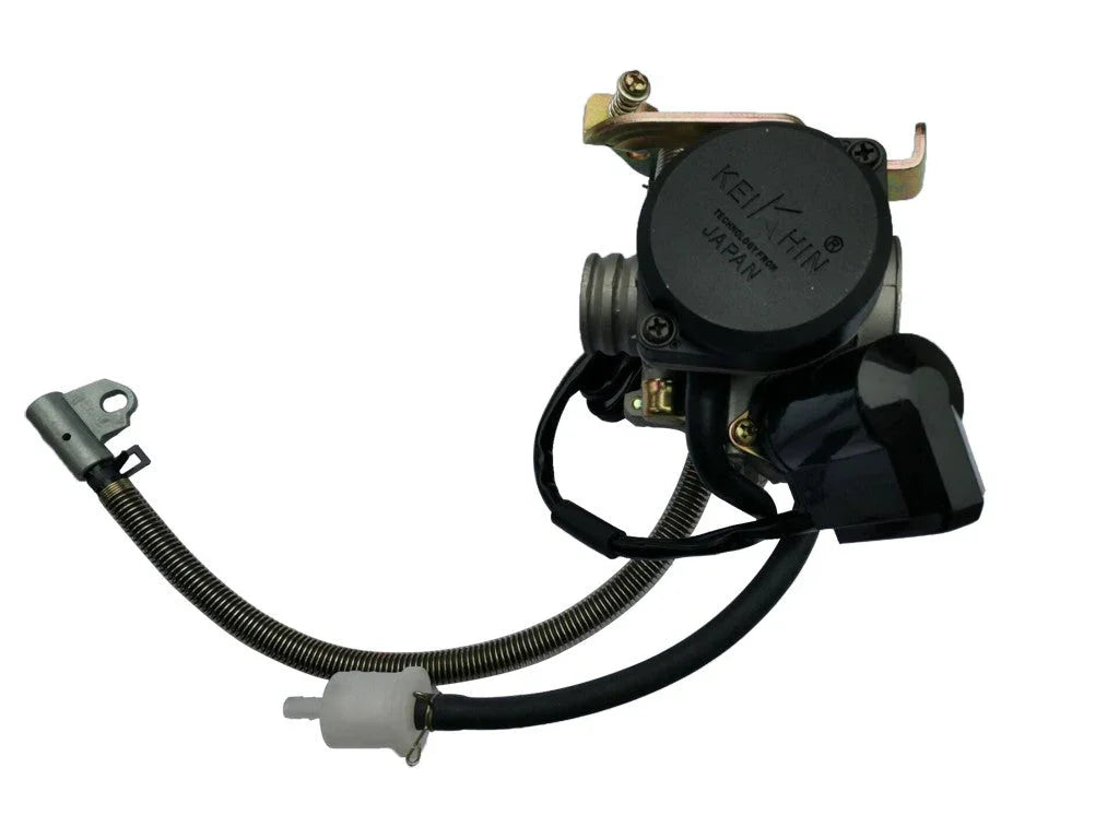 Keihin black automotive throttle body with metal mounting bracket and attached cables on white background