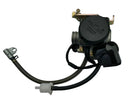 Keihin black automotive throttle body with metal mounting bracket and attached cables on white background