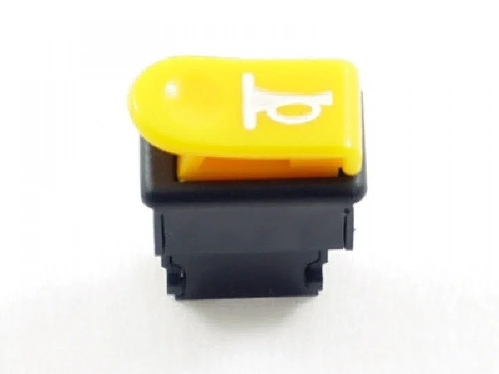 2 pin yellow horn button switch for GY6 50cc scooter, black housing, on white background