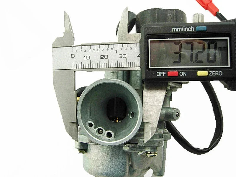 Caliper measuring 37.20 mm diameter of a carburetor intake with digital readout