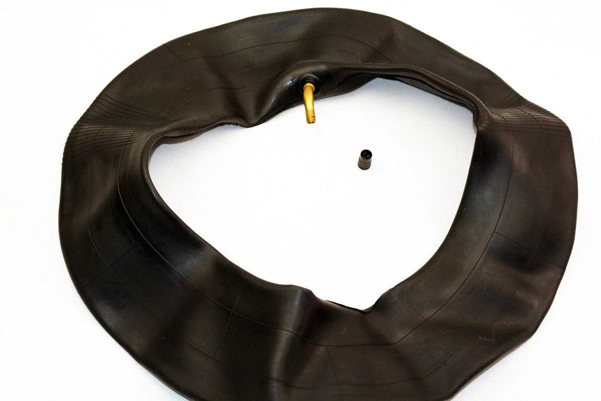 3.50-10 inner tube for GY6 50cc scooter, angled valve stem, black rubber, on white background