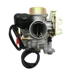 30mm CVK carburetor for GY6 engines with black fuel lines and throttle cable