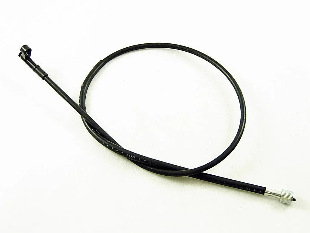 Black speedometer cable for GY6 50cc scooter with metal connector ends on white background