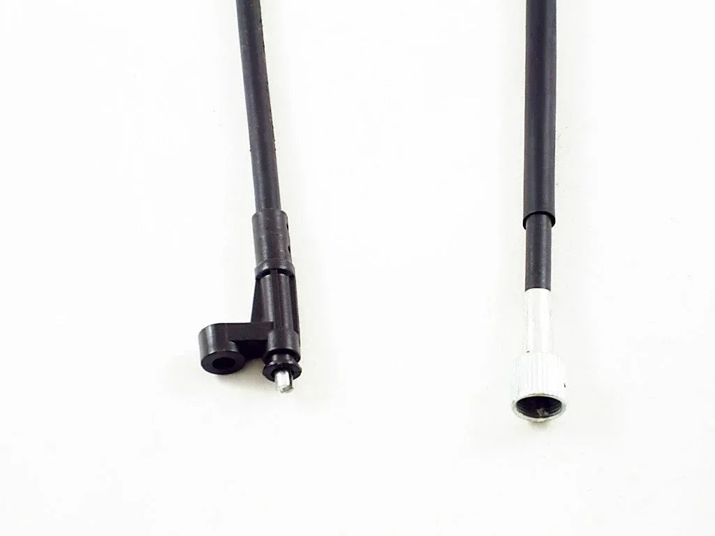 Speedometer cable for GY6 50cc scooter, black wire with connector ends on white background