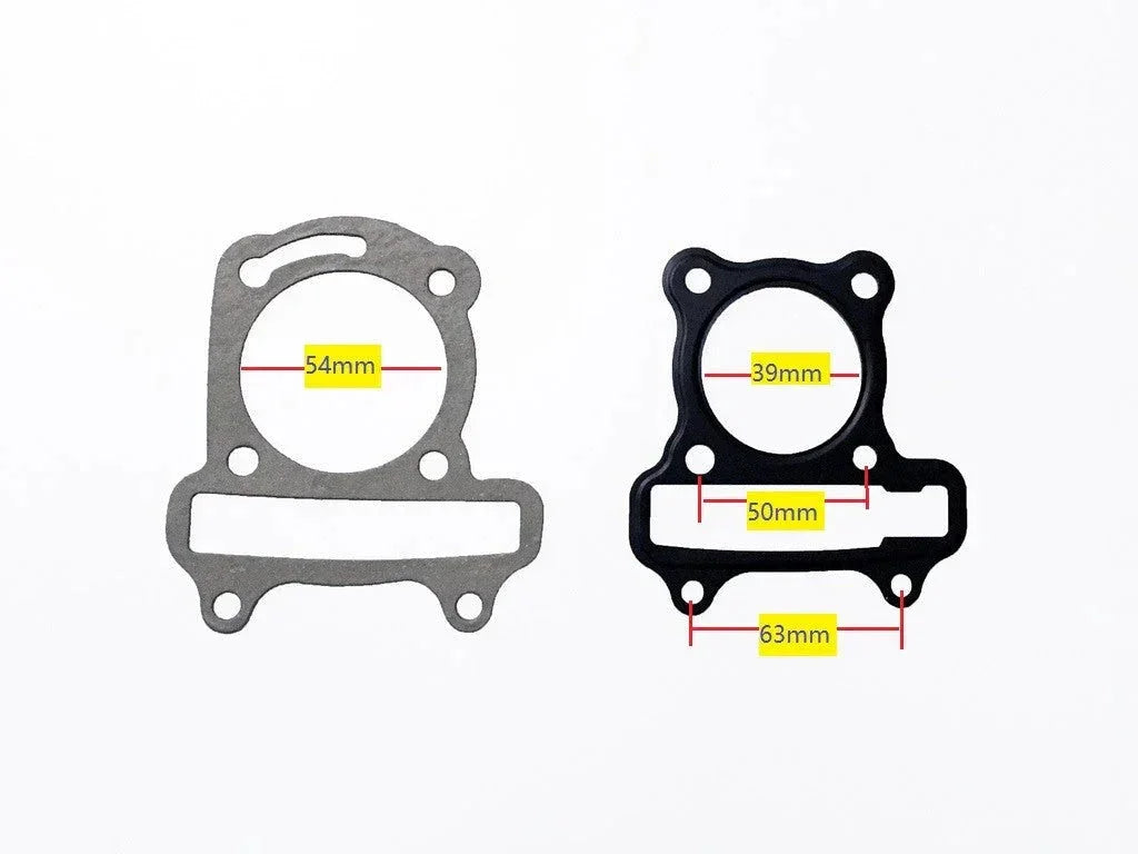 39mm bore 50cc GY6 short case gasket set with labeled measurements for scooters or mopeds