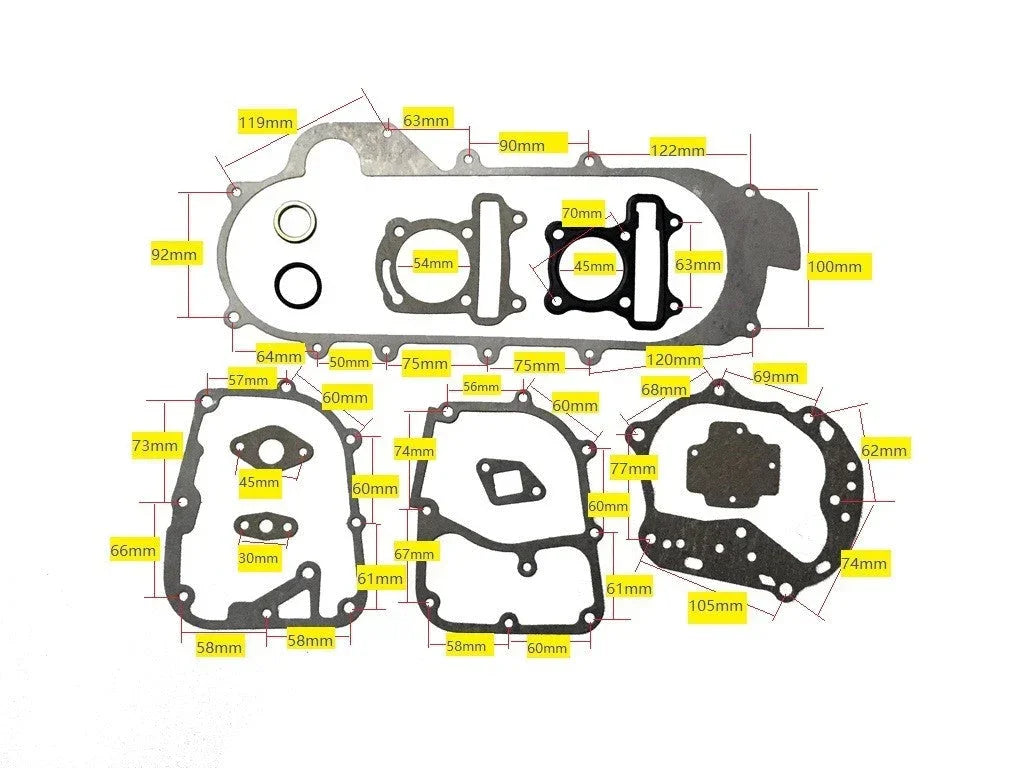 44mm 60cc GY6 long case gasket set for scooter engine repairs, compatible with ChinesePartsUSA parts.