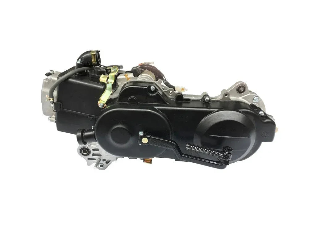 Close-up of a 47mm 139QMB short case engine for GY6 80cc scooters, showing metal components and engine details.