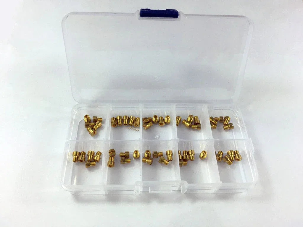 50-piece GY6 49cc-100cc CVK carburetor main jets for 139QMB and 139QMA engines, compatible with ChinesePartsUSA parts.