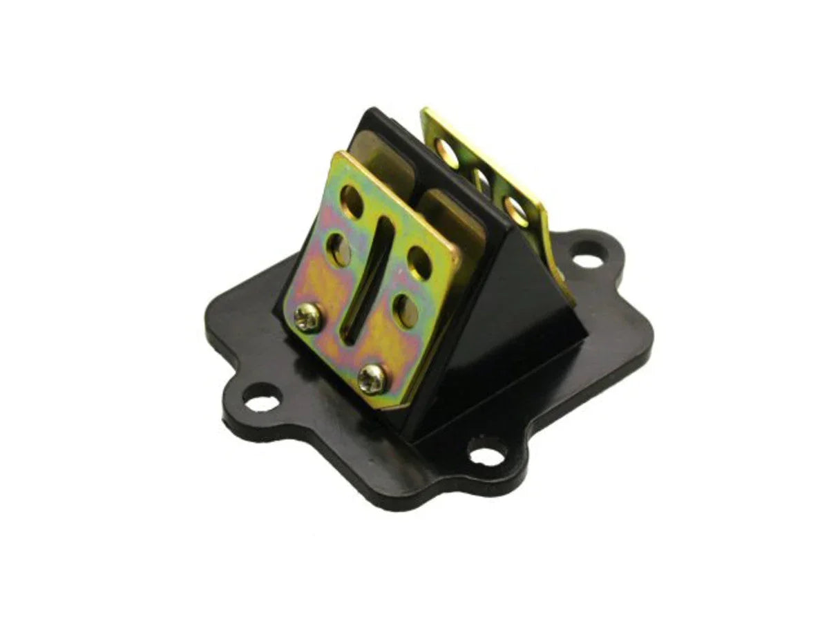 50cc two-stroke Minarelli reed valve assembly with black base and metal reed petals