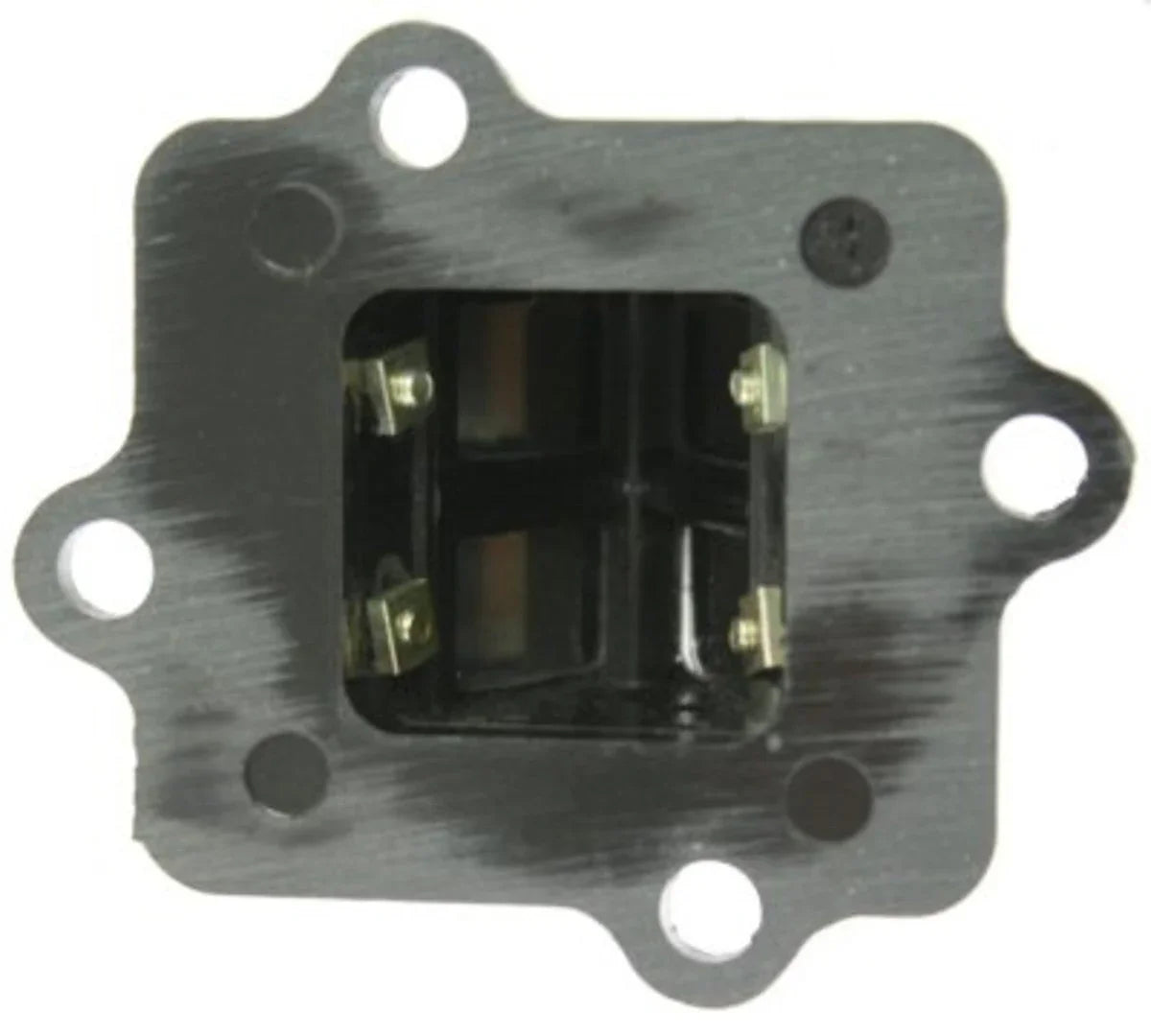 Black 50cc 2-stroke Minarelli reed valve with metal mounting plate and gasket holes