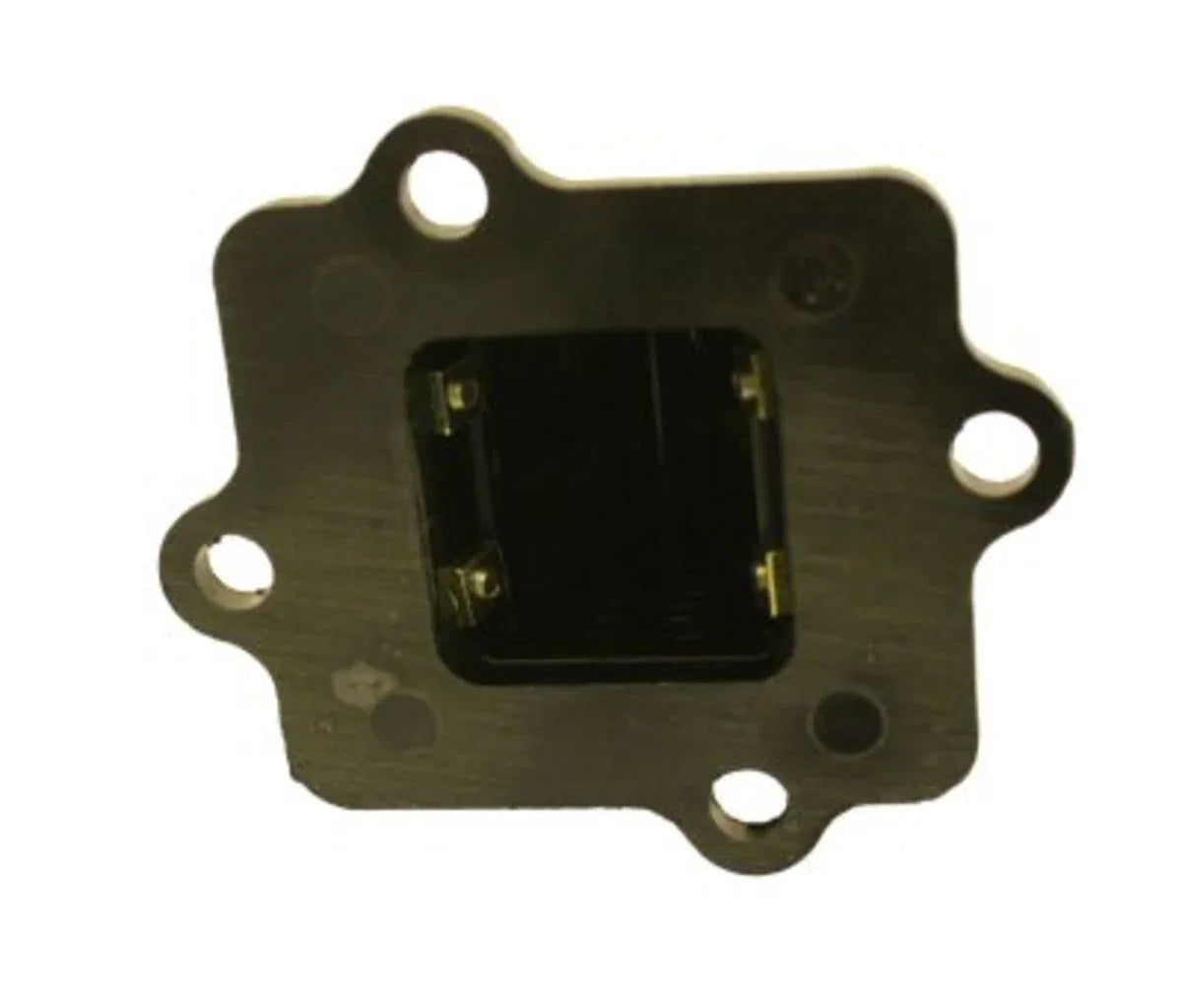black 2-stroke Minarelli reed valve with four mounting holes on white background
