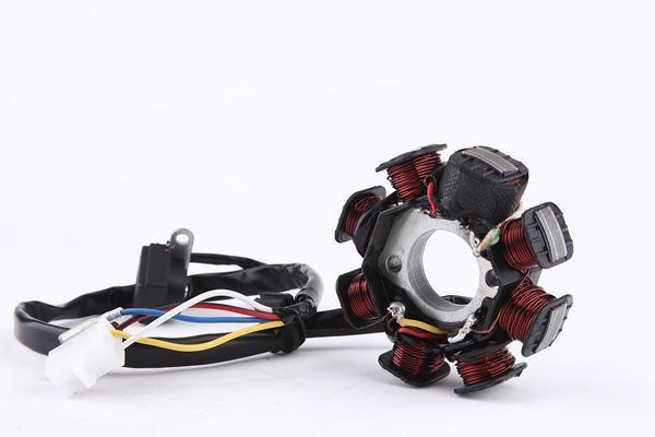 8 poles coils 5 wires AC stator alternator magneto assembly for GY6 50cc engine, showing the coil windings and connection points.