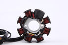 8 poles coils 5 wires AC Stator Alternator Magneto Assembly for GY6 50CC scooters, with metal frame and wiring connections.