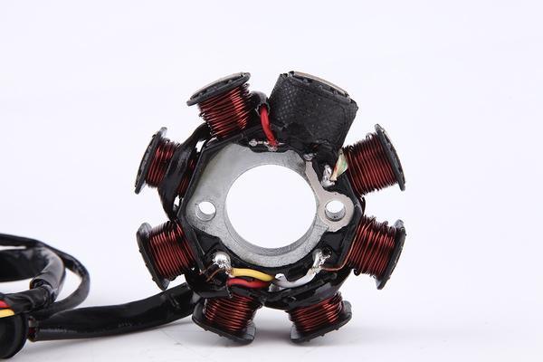 8 poles coils 5 wires AC Stator Alternator Magneto Assembly for GY6 50CC scooters, with metal frame and wiring connections.