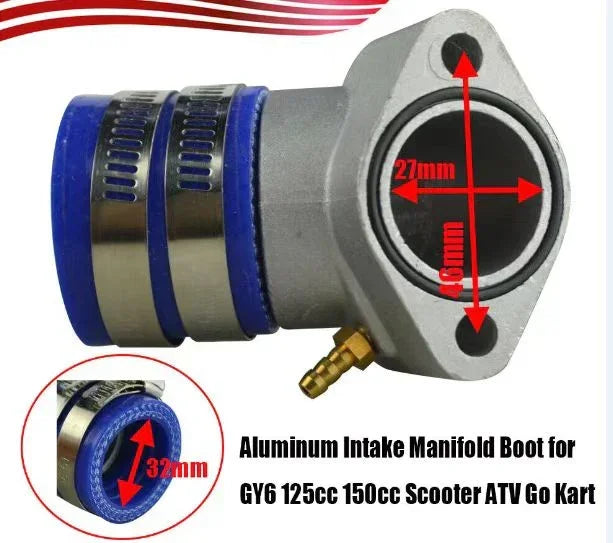 Aluminum intake manifold boot for GY6 125cc 150cc scooter ATV go-kart, 27mm x 46mm, blue silicone