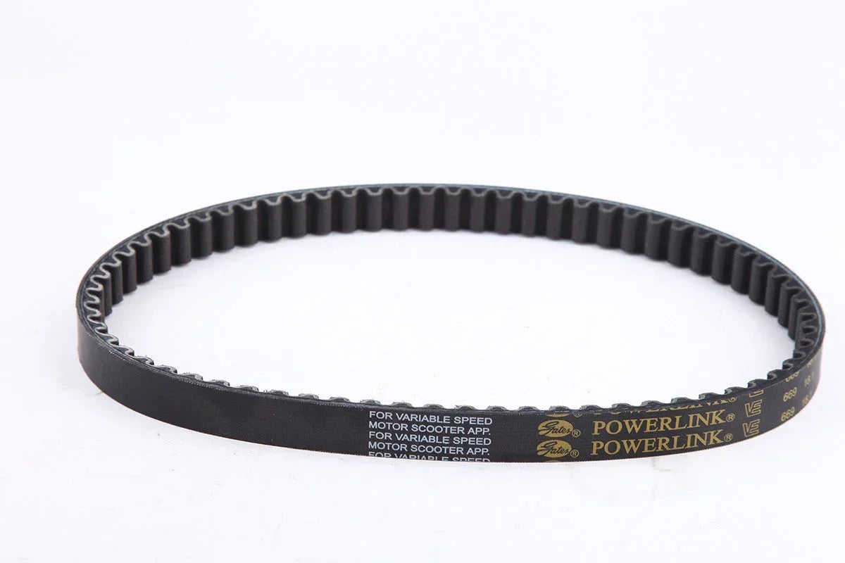 Gates Powerlink 669 18 1 drive belt for GY6 50cc scooter, black toothed rubber belt on white background