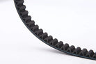 Close-up of scooter GY6 50cc drive belt with teeth, black rubber on white background