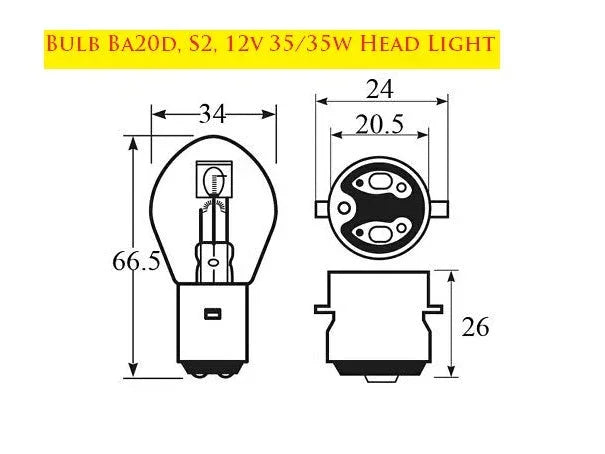 ChinesePartsUSA Bulb BA20d S2 12V 35/35W headlight bulb for vehicle headlights, showing the bulb with base and filament details.