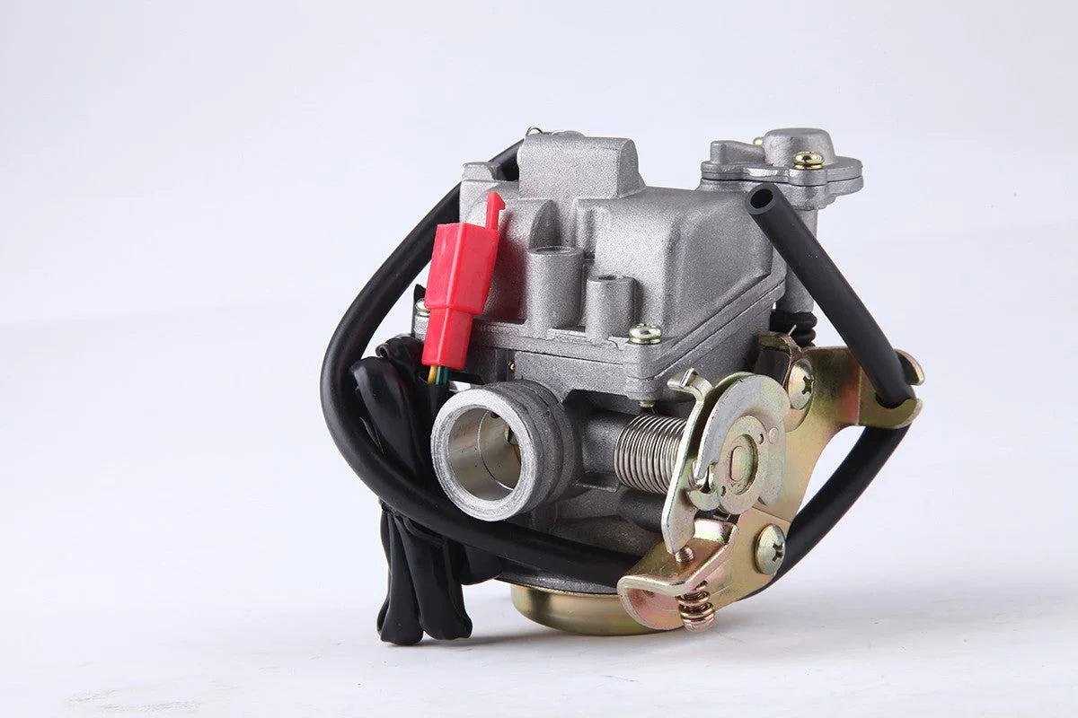 Carburetor for 4 Stroke GY6 49cc 50cc scooter, compatible with Taotao and Kymco, showcasing detailed design and fittings.