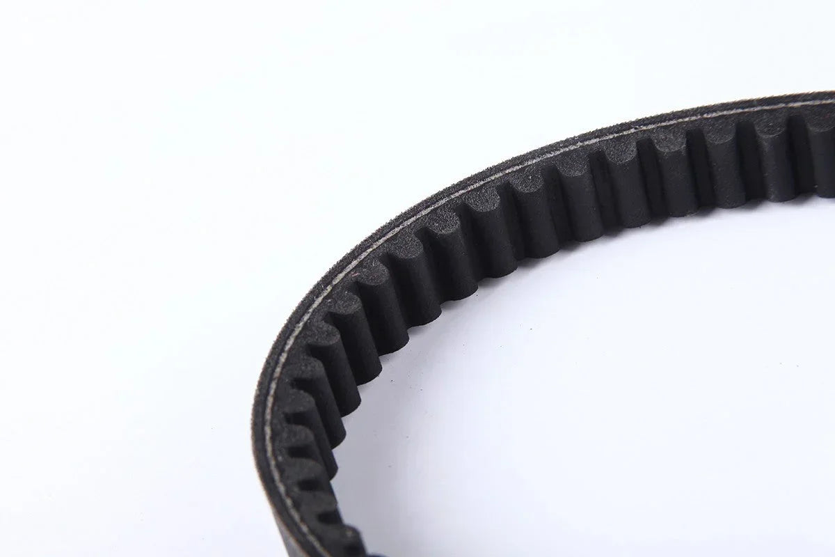 Close-up of a black CVT drive belt for GY6 125cc 150cc scooter or moped on white background