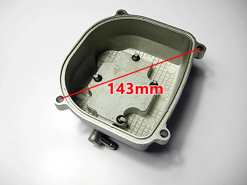 Metal square engine part with an inner plate and nut mounts, measured diagonally at 143mm