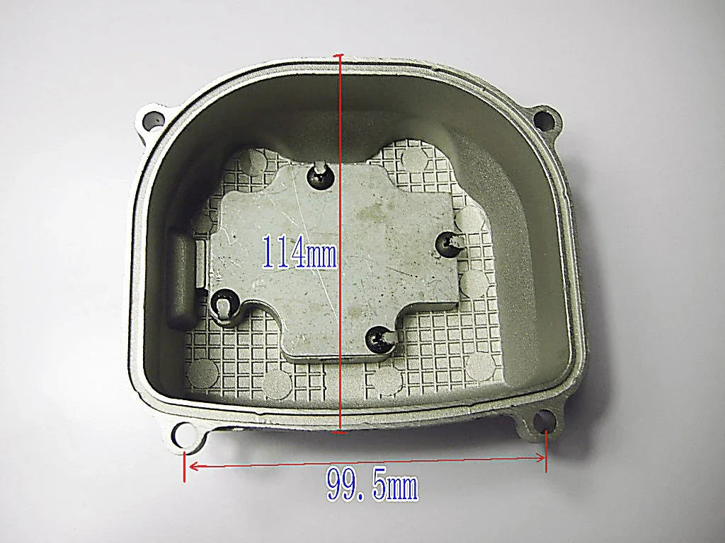Rectangular metallic engine cover with internal mounting plate measuring 114mm by 99.5mm