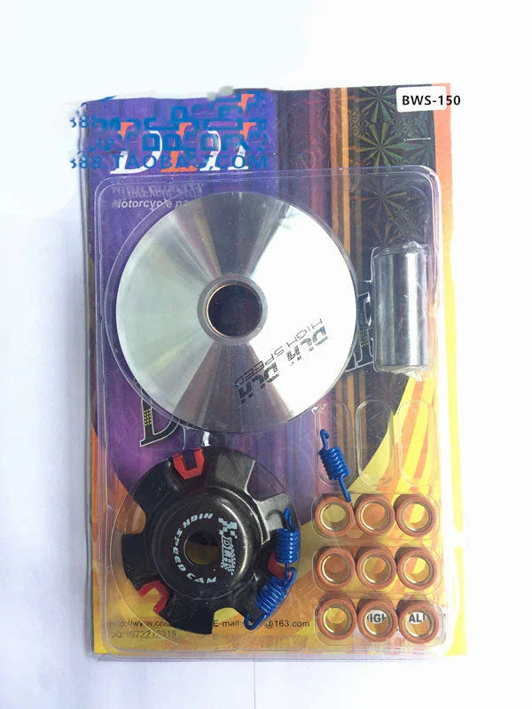 BWS-150 variator drive pulley kit with metal drive pulley, black high speed cam, springs, and roller weights in blister pack